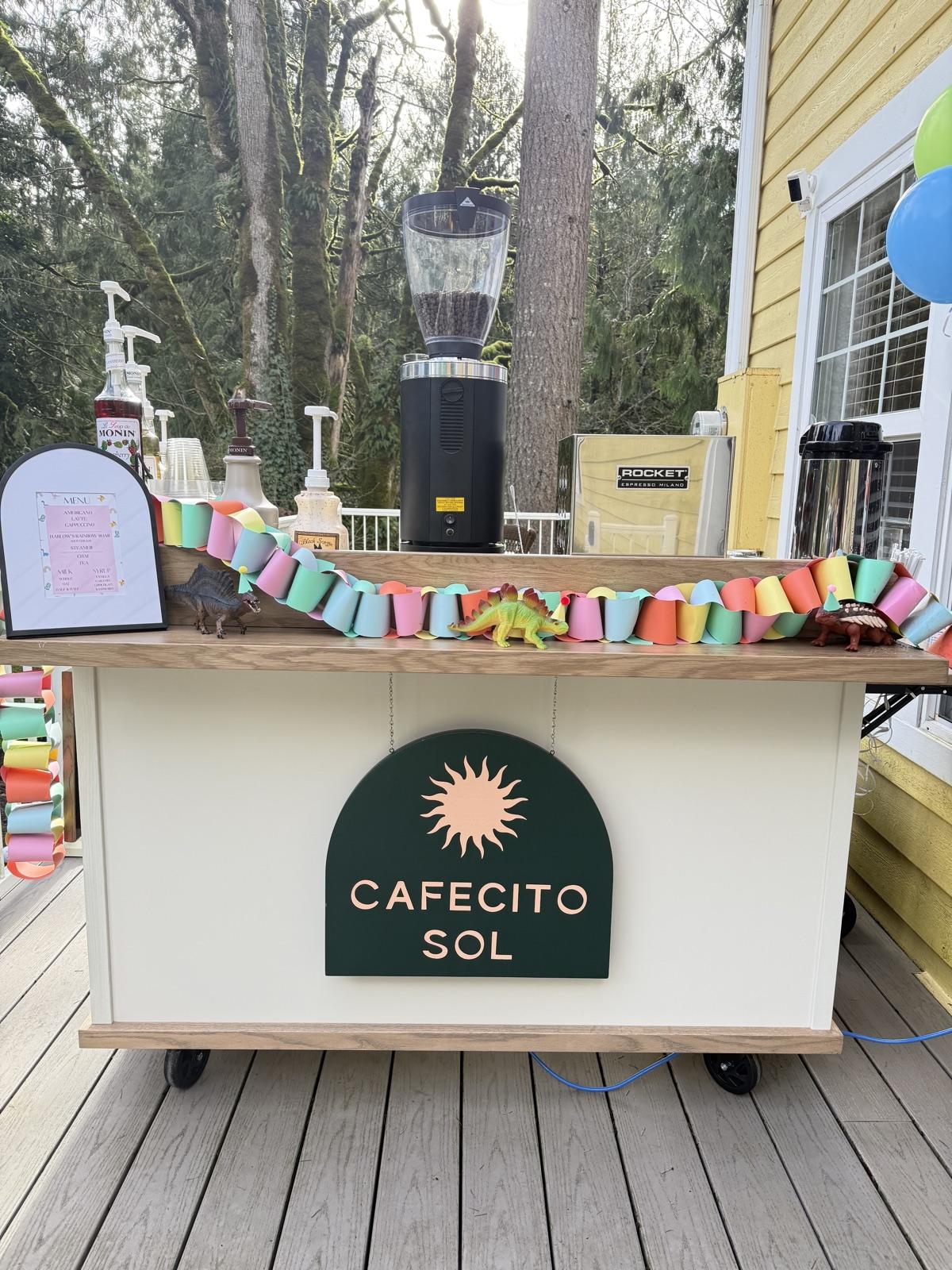The Cafecito Sol coffee cart decorated for a birthday party